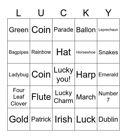 St Patrick's Day Bingo Card
