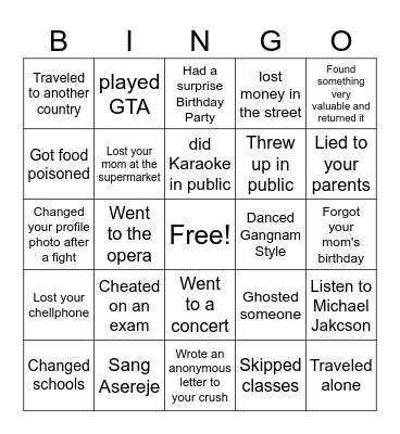 Life Experiences Bingo Card