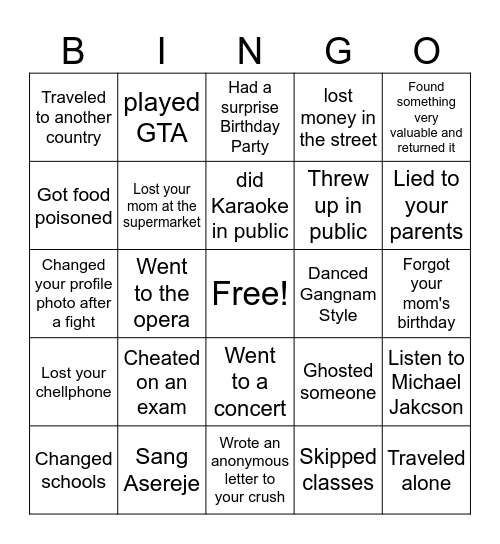 Life Experiences Bingo Card