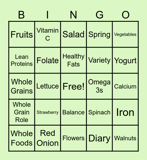 Food Pyramid Bingo Card