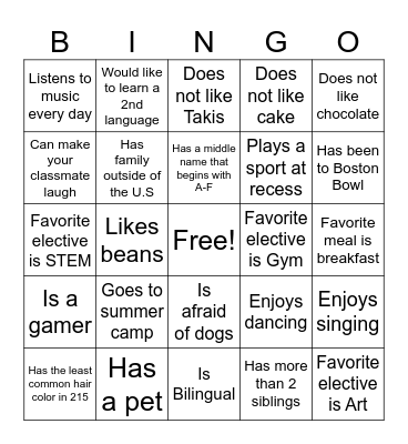 Get to Know (Grade School) Bingo Card