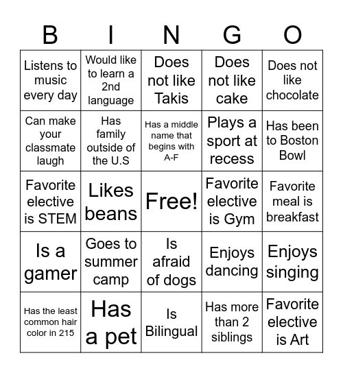 Get to Know (Grade School) Bingo Card