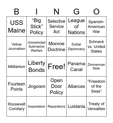 Imperialism and WWI Vocabulary Bingo Card