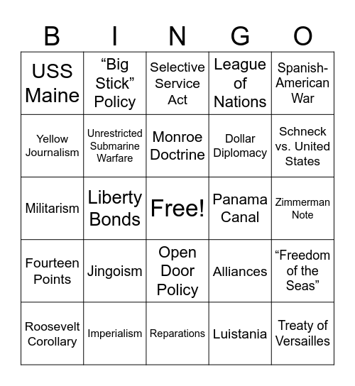Imperialism and WWI Vocabulary Bingo Card