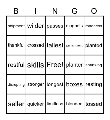 Suffix Bingo Card
