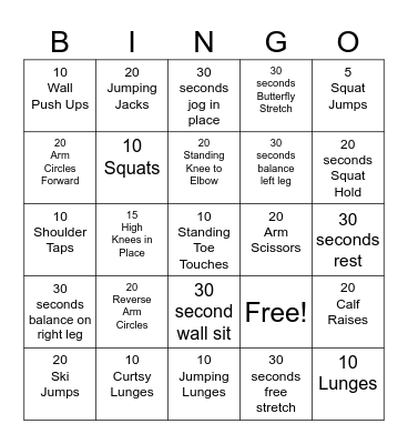 Fitness Bingo Card