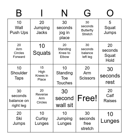 Fitness Bingo Card