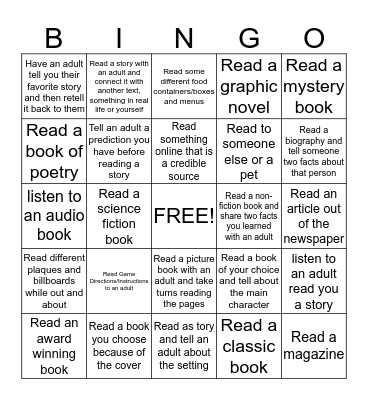 Centerfield Summer Reading Bingo Card