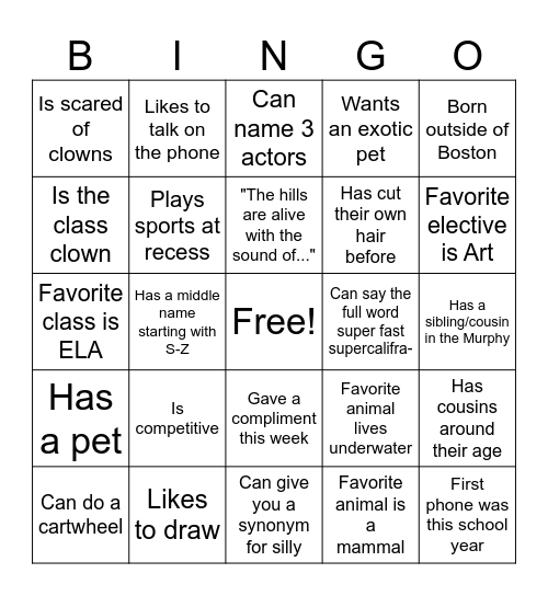 Get to Know You (Grade School) Bingo Card