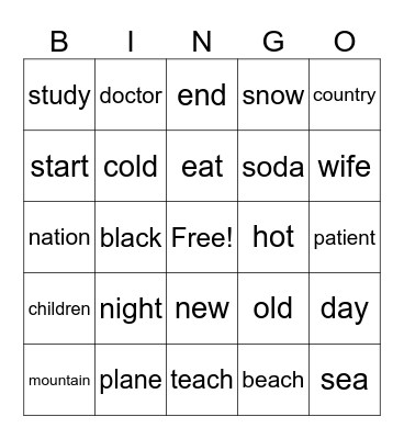 Vocabulary Unit 2 A1.2 Bingo Card