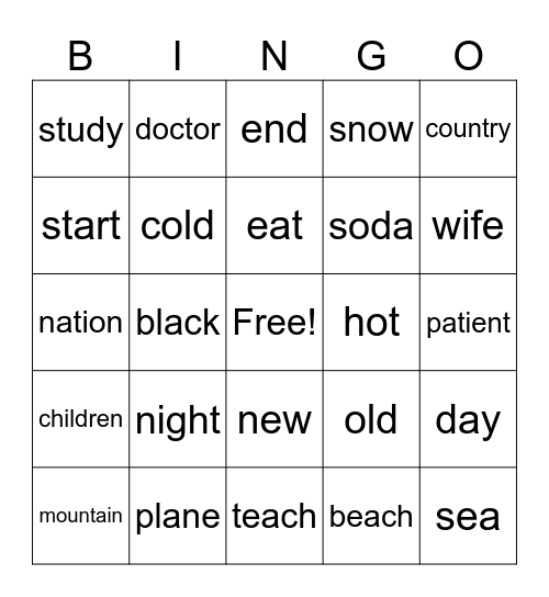 Vocabulary Unit 2 A1.2 Bingo Card