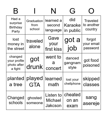 Life Experiences Bingo Card