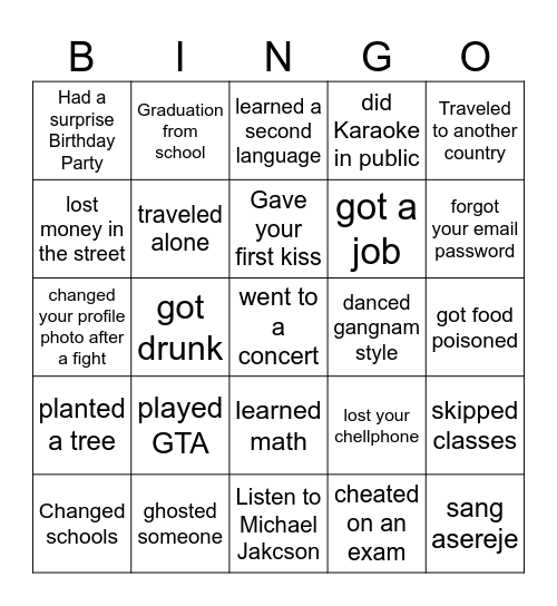 Life Experiences Bingo Card