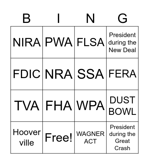 New Deal Agencies Bingo Card
