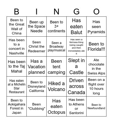Travel Bucket List Bingo Card