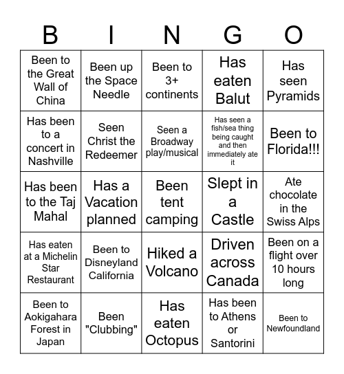 Travel Bucket List Bingo Card