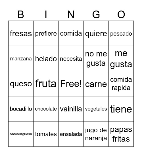 comida Bingo Card