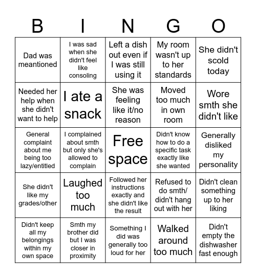 Things my mum scolded me for Bingo Card