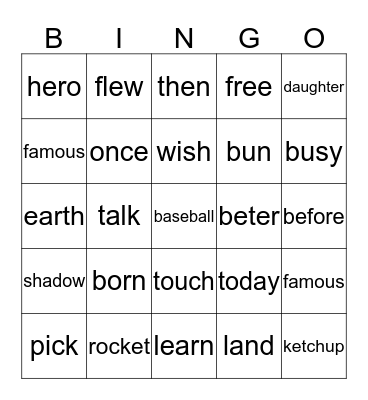 Reading Milestones Green Book Key Vocabulary Bingo Card