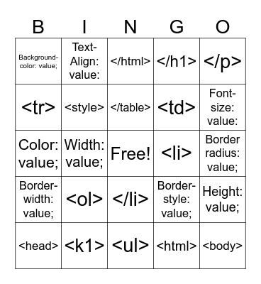 Web Design Bingo Card