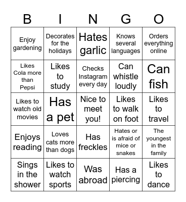Get to know you Bingo Card