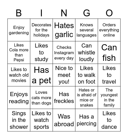 Get to know you Bingo Card