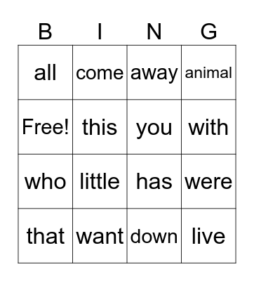 1G Words Bingo Card