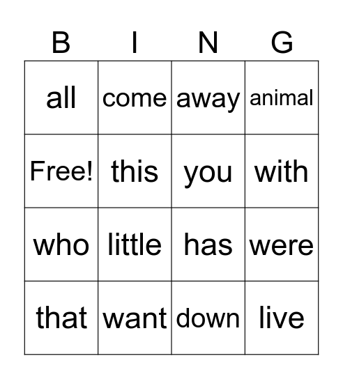 1G Words Bingo Card