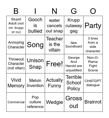 Captain underpants Bingo Card