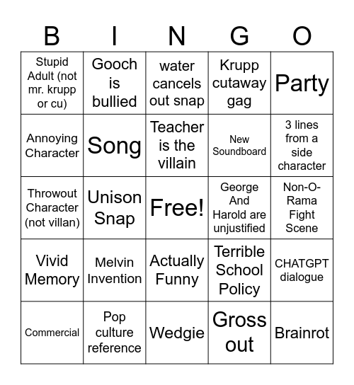 Captain underpants Bingo Card