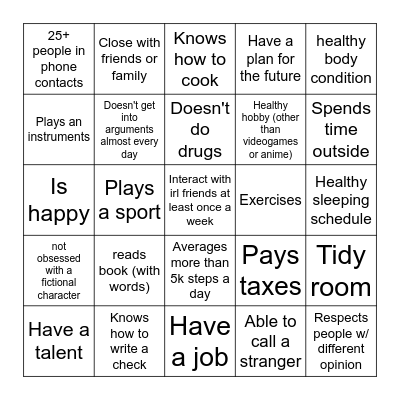 Normal Human Bingo Card