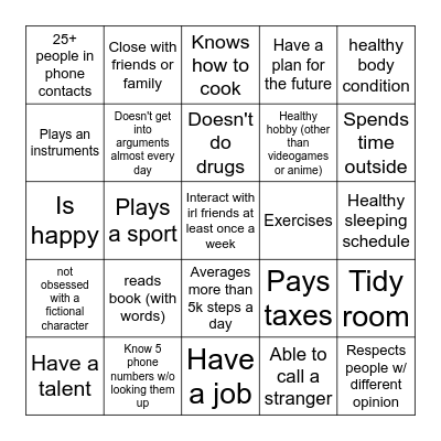 Normal Human Bingo Card