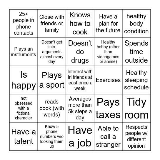Normal Human Bingo Card