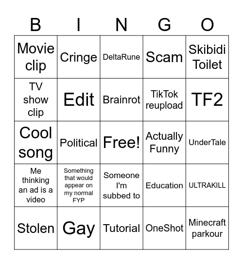 Shorts Bingo Card