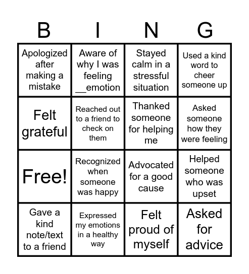 Emotional Intelligence Bingo Card