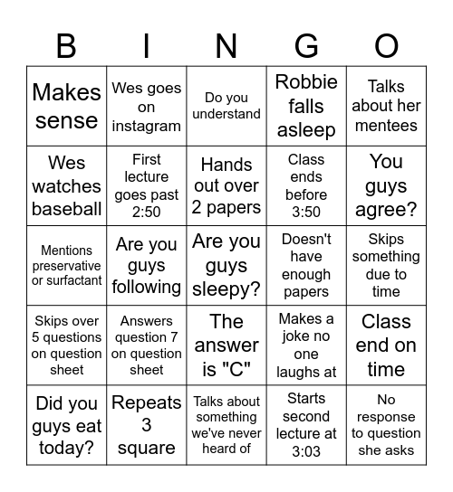 Bingo 2001 Bingo Card