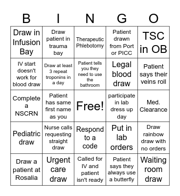 Lab Week BINGO - Hospital Phlebotomy Bingo Card