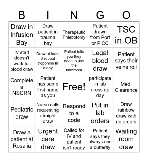 Lab Week BINGO - Hospital Phlebotomy Bingo Card