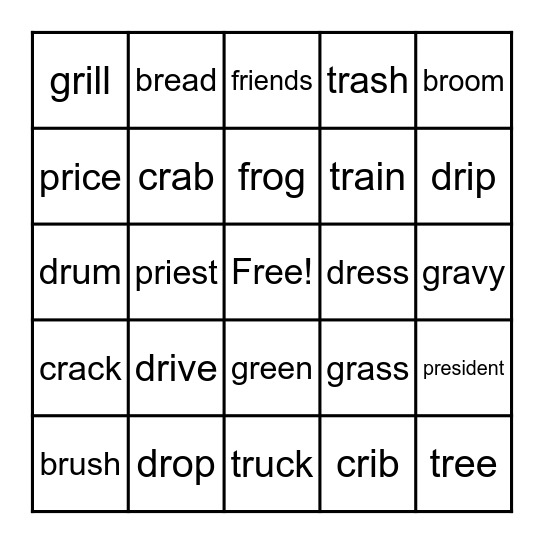 R Blends Bingo Card