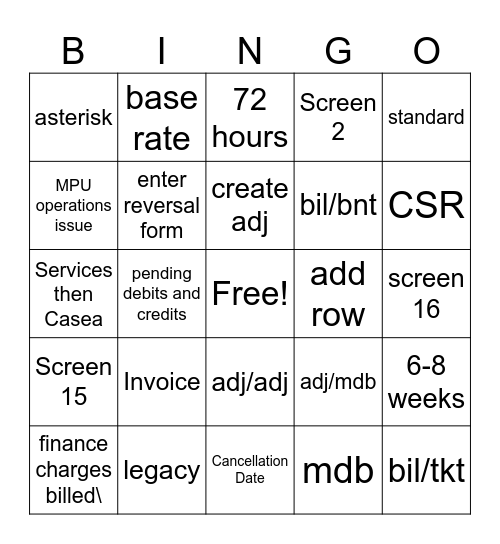 Adjustment Time Bingo Card
