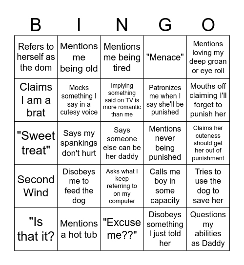 Bratty Bingo Card