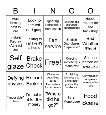 Racing Anime Bingo Card