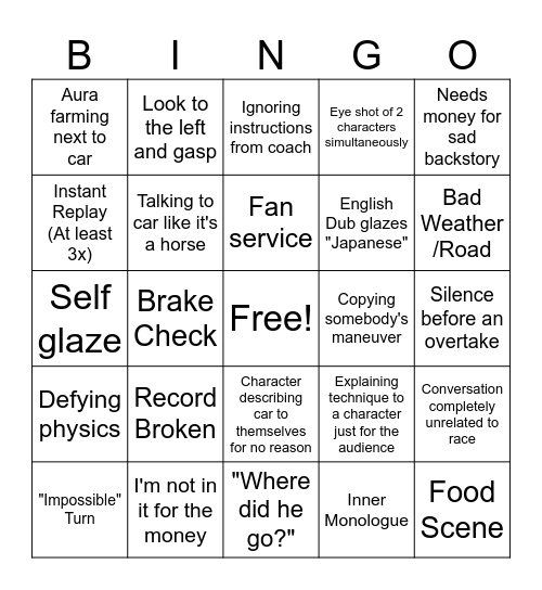 Racing Anime Bingo Card