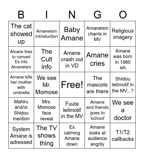 AMANE T3 MV/VD Bingo Card