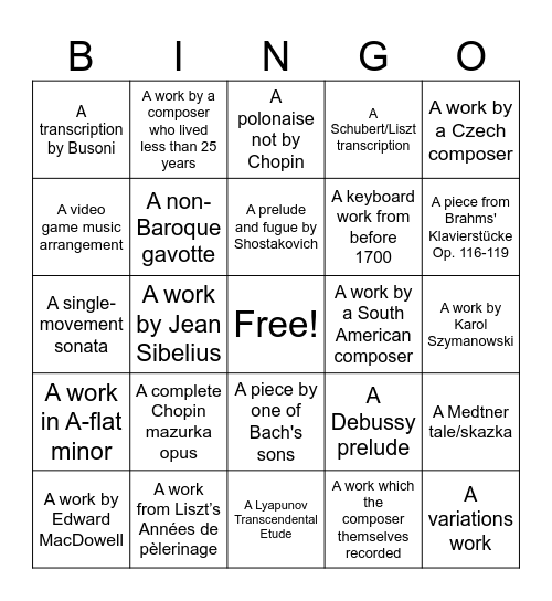 Solo Piano Pieces You Have Learned 2: Electric Boogaloo Bingo Card