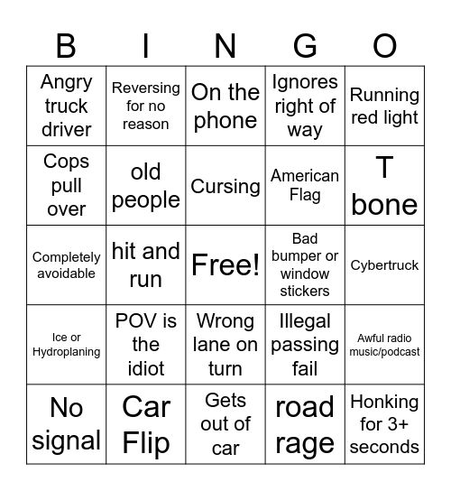 Road Rage/Bad Driver Bingo Card