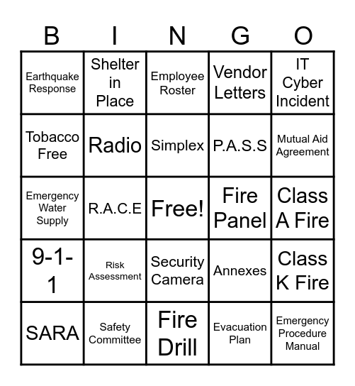 Be Prepared Bingo Card