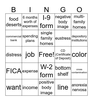 PFHS Final Exam Review Bingo Card