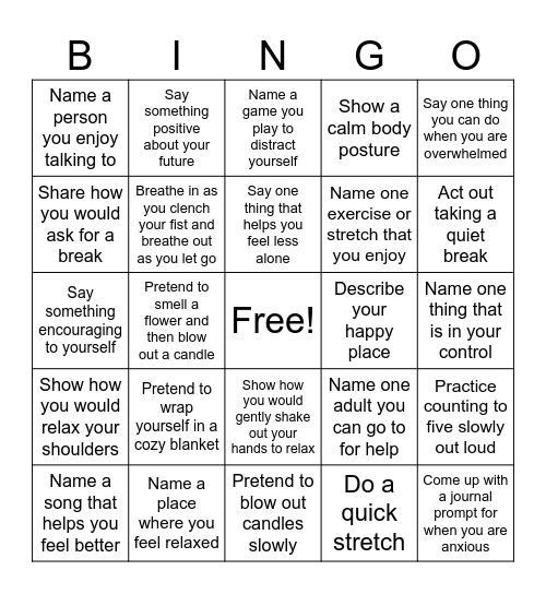 Coping Skills Bingo Card