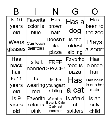 People Bingo for Juniors Bingo Card